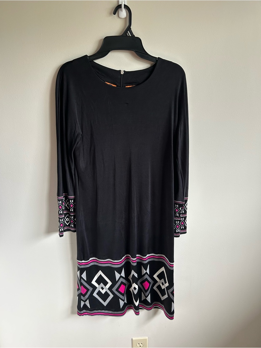 Vintage Tory Burch Black Long-Sleeve Tunic with Pink & White Geometric Trim